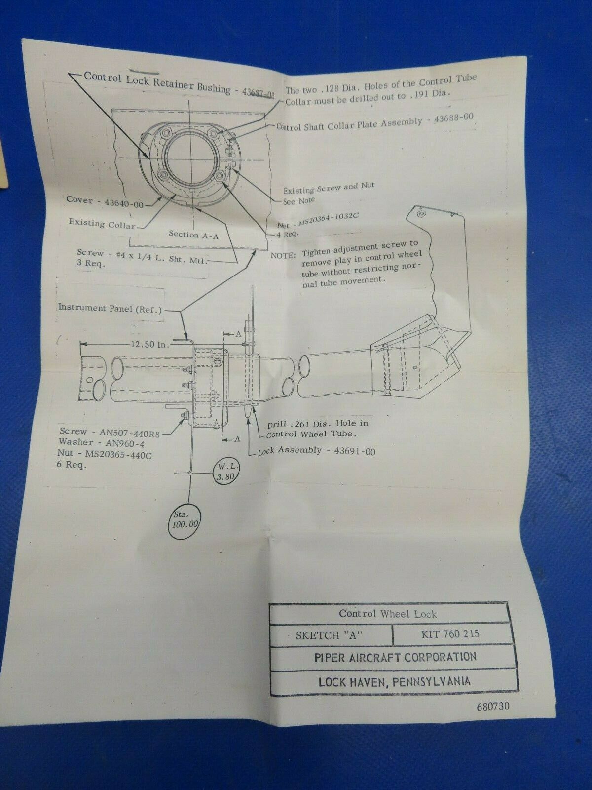 Piper PA-31, 31P, 31-350 Control Lock Kit NOS P/N 760-215 (0720-703)