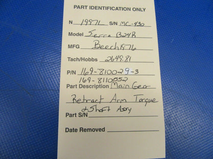 Beech B-24R Main Gear Retract Arm Torque & Shaft Assy P/N 169-810029-3 (0819-08)