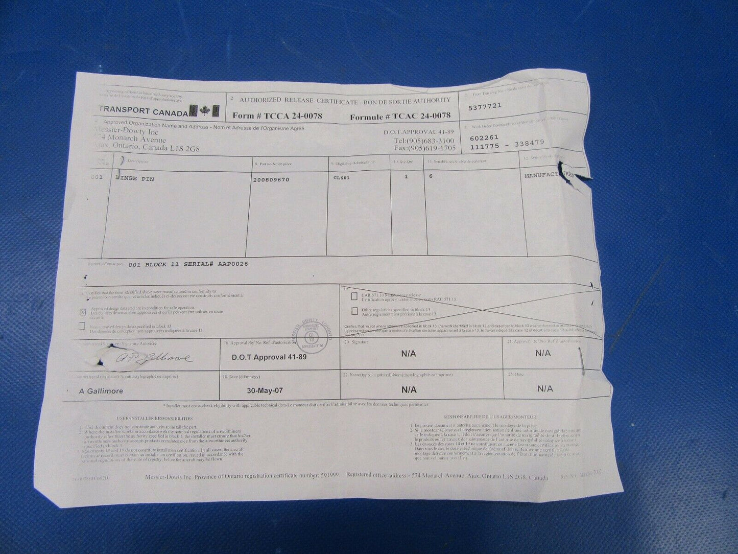 Bombardier Challenger MLG Hinge Pin P/N 200809670 (0419-184)
