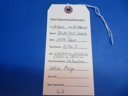 Piper PA-28-201T Dakota Defroster Valve Assy P/N 69279-00, 67705-00 (1222-670)