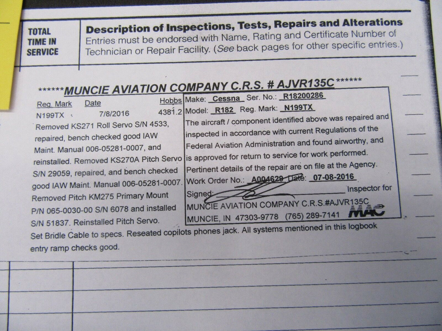 Cessna R182 Pitch Servo / King KM-275 Servo Mount P/N 065-0030-00 (0817-42)