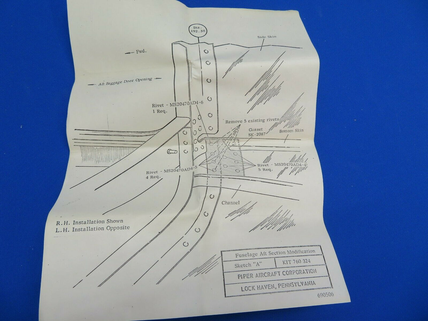 Piper PA-23-250 Fuselage AFT Section Modification Kit P/N 760-324 (0820-304)