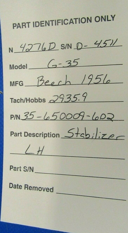 Beech Bonanza G35 Stabilizer LH Aluminum 35-650009-602 (1219-12)