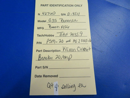 1956 Beech G35 Bonanza Klixon Circuit Breaker 20 Amp P/N PSM-20 (0620-357)