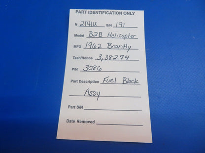 Brantly B2B Helicopter Fuel Block Assy P/N 3086 (1022-833)