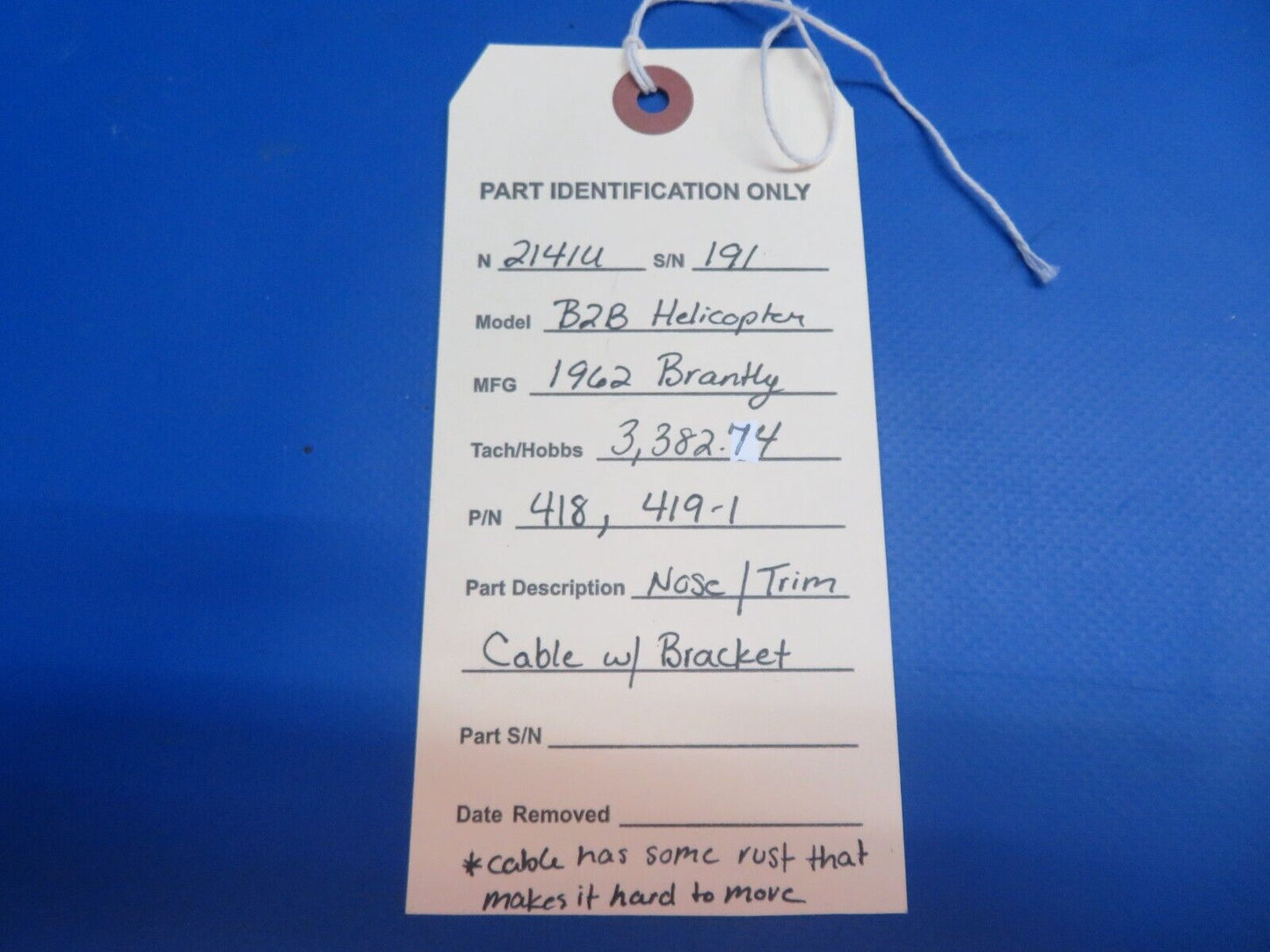 Brantly B2B Helicopter Nose / Trim Cable w/ Bracket P/N 418, 419-1 (1022-842)