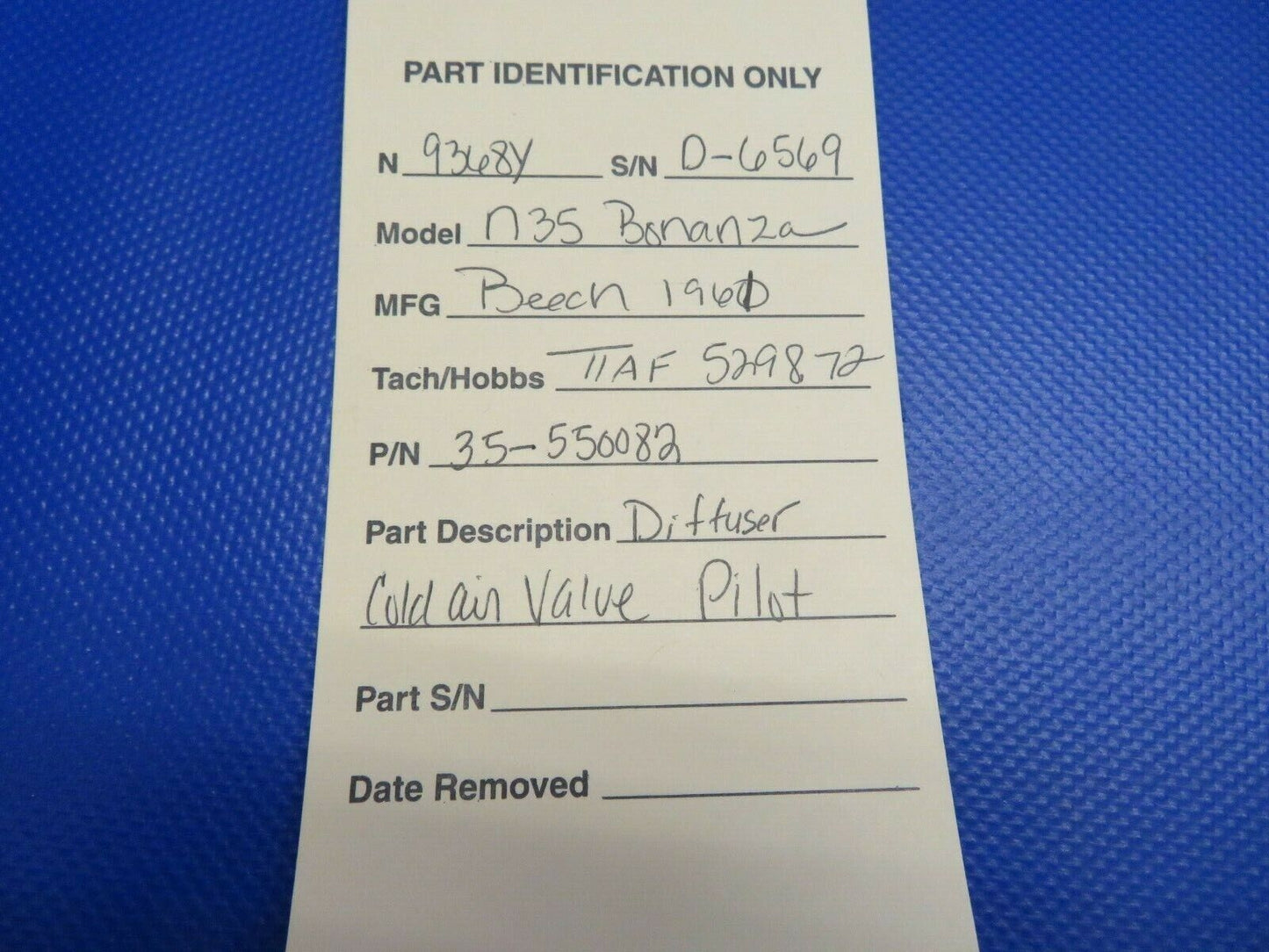 Beech N35 Bonanza Diffuser Cold Air Valve Pilot P/N 35-550082 (1220-538)