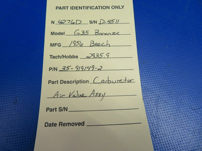 Beech G35 Bonanza Carburetor Air Valve Assy P/N 35-919149-2 (0620-400)