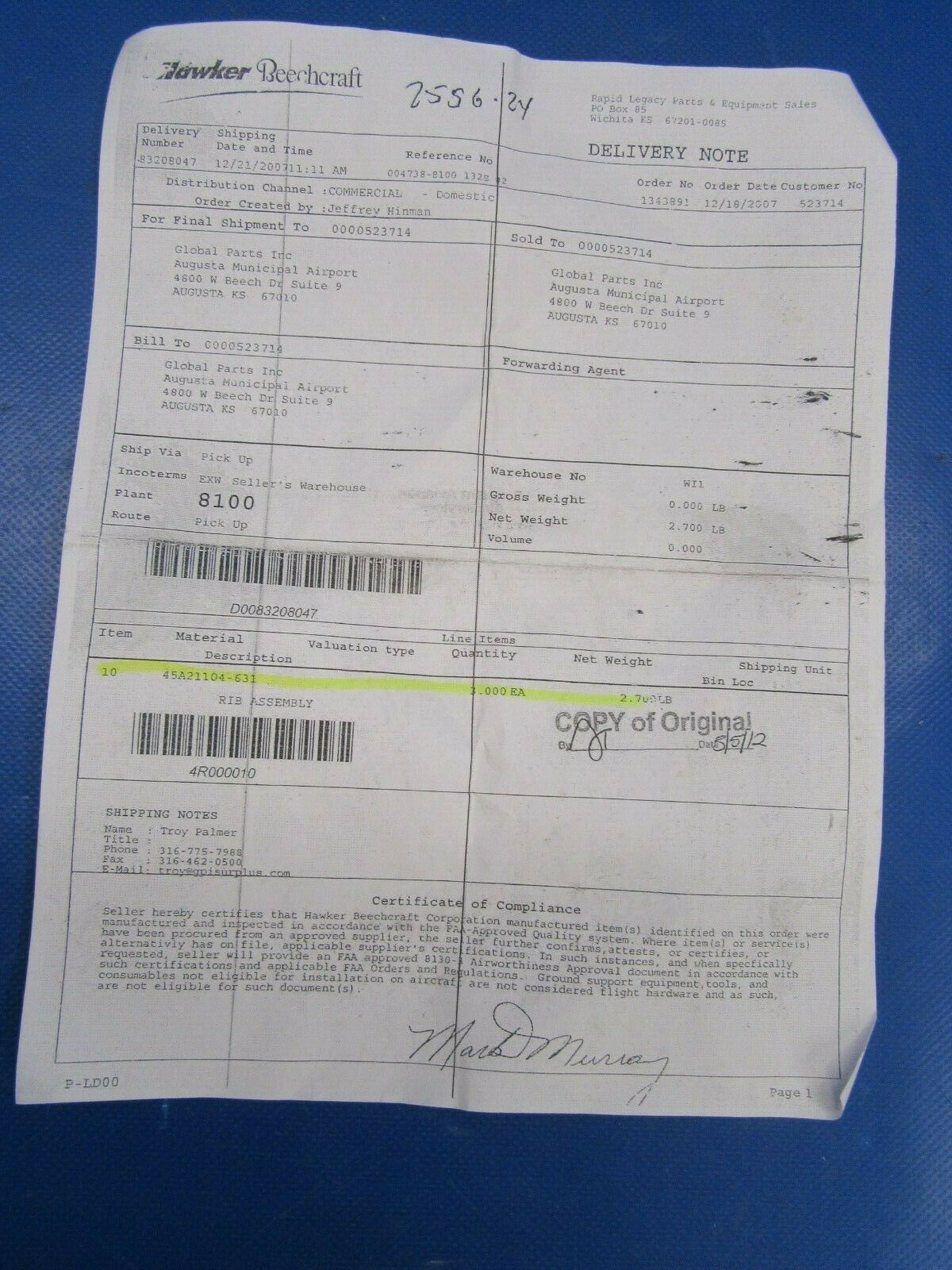Beech 400 Rib LH Horizontal Stabilizer PN 45A21104-631 NOS w/8130 (0419-191)