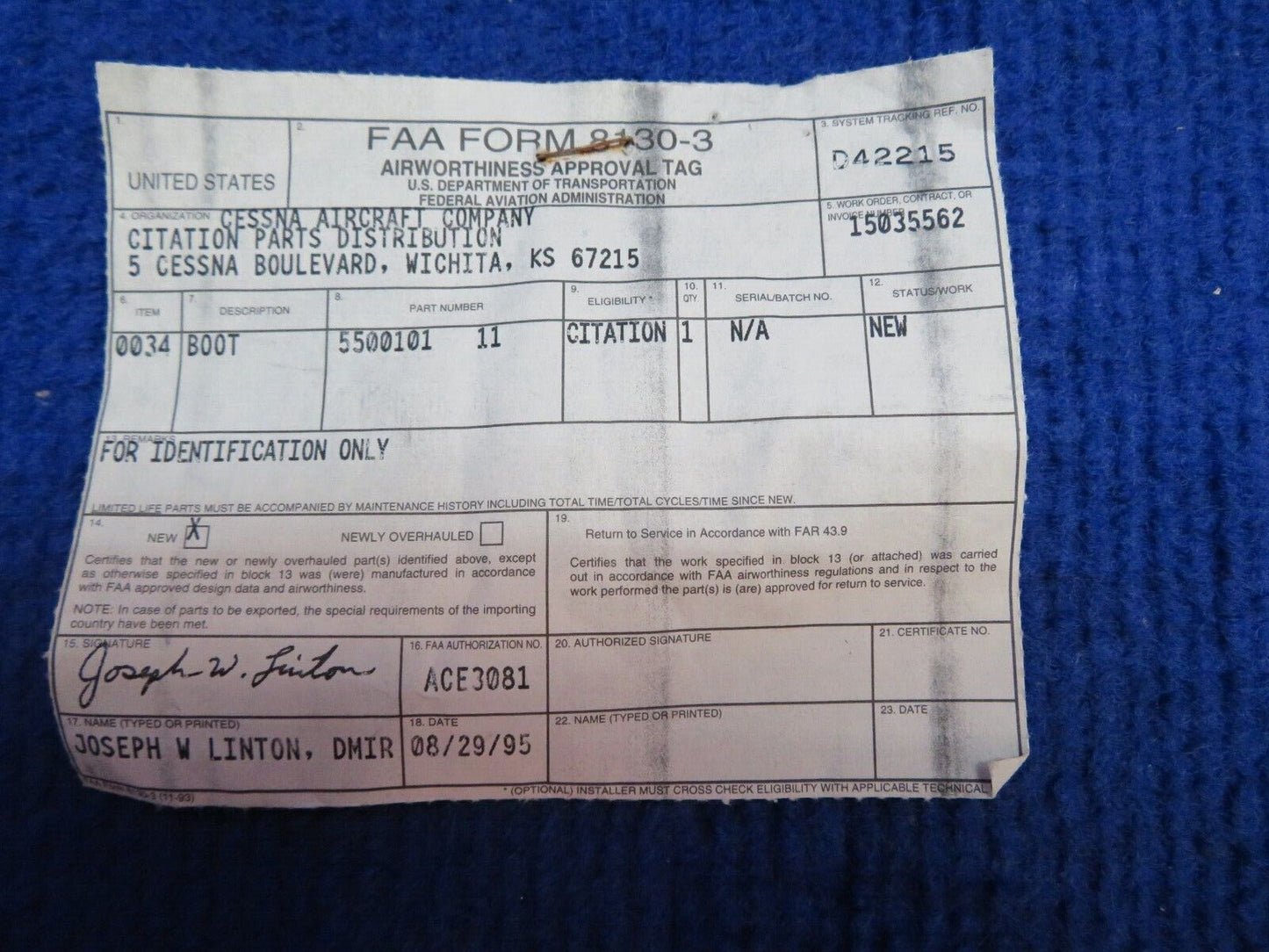 Cessna Citation Boot-Cover w/ 8130 P/N 5500101-11 NOS (0822-333)