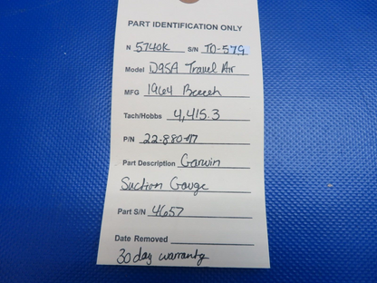 Beech 95 / D95A Travel Air Garwin Suction Gauge P/N 22-880-017 (0324-1712)