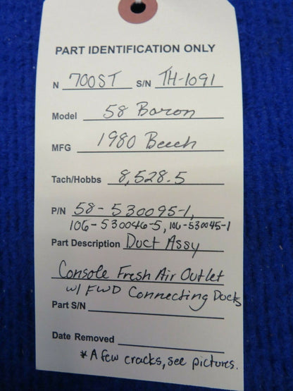 Beech 58 Baron Duct Assy Console Fresh Air Outlet P/N 58-530095-1 (0422-320)