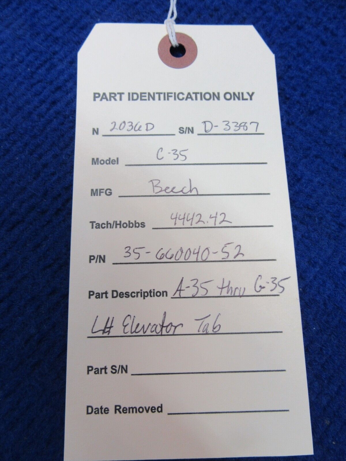 Beech A-35 thru G-35 Bonanza LH Elevator Tab P/N 35-660040-52 (0822-208)