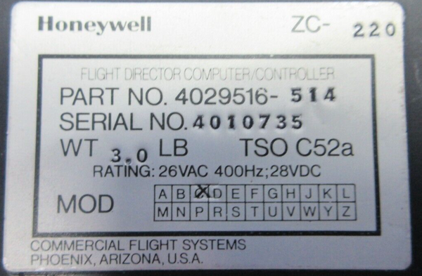 Honeywell ZC-220 Flight Director Controller P/N 4029516-514 CORE (1023-1046)