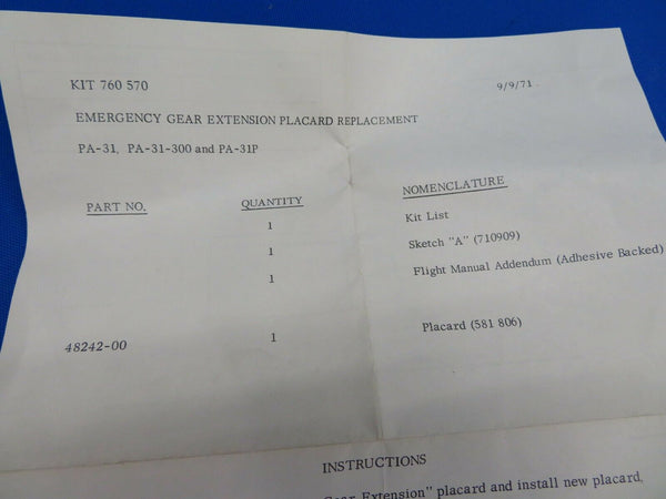 Piper PA-31 Emergency Extension Placard Revision Kit P/N 760-570 NOS (0820-330)
