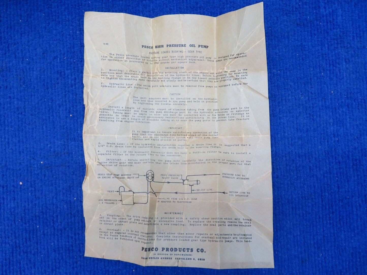 Pesco Hydraulic Pump Vintage 1945  P/N 1P-349N NOS (0522-828)
