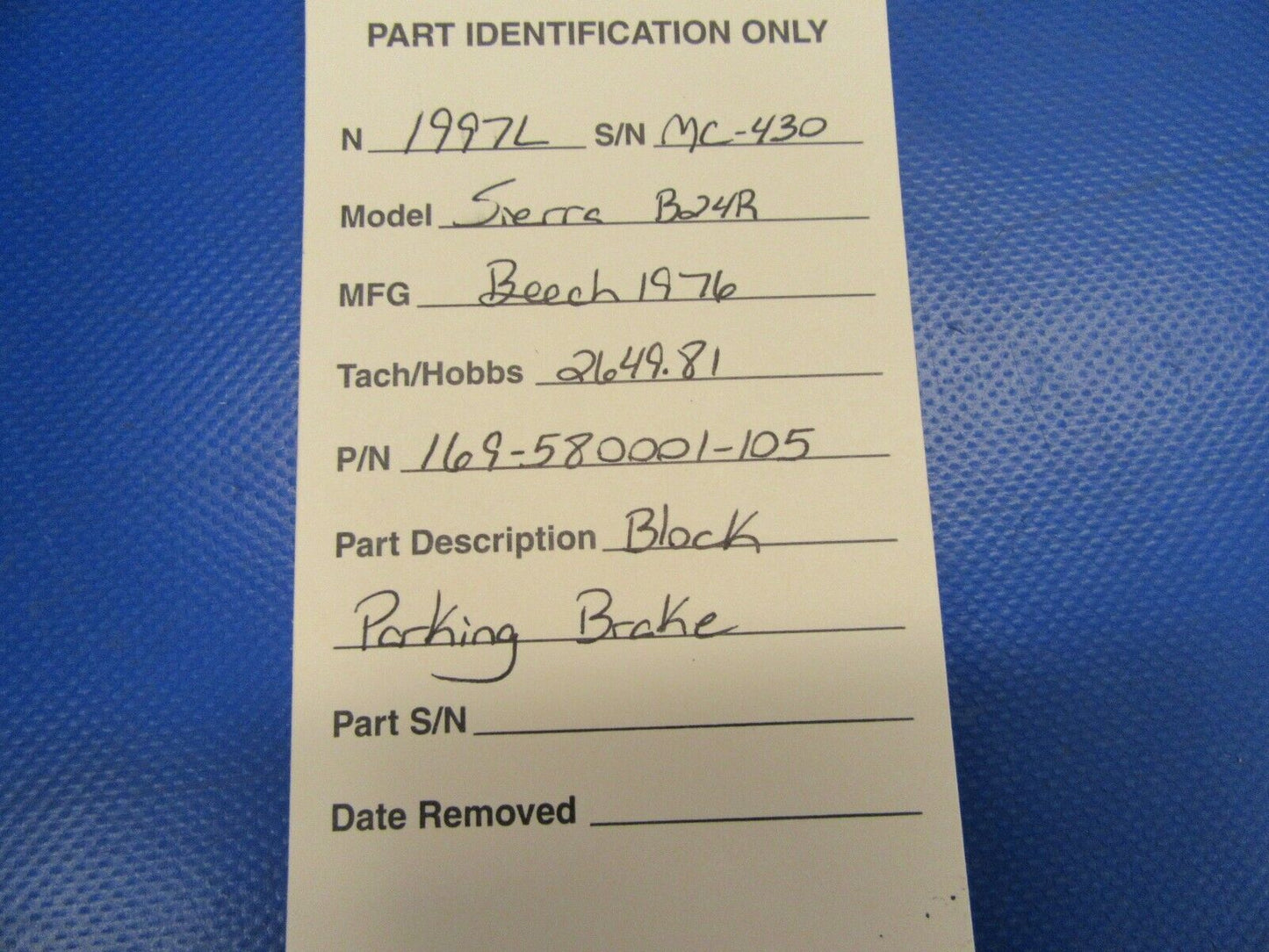 Beech Sierra B-24R Block Parking Brake P/N 169-580001-105 (0719-265)