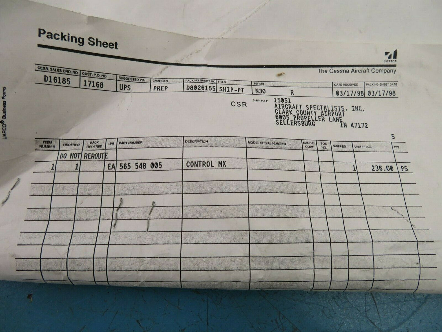 Control Mixture Cable P/N 565-548-005 NOS (0522-602)