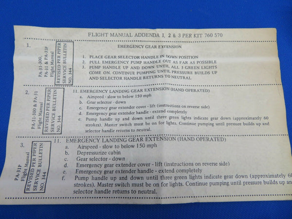 Piper PA-31 Emergency Extension Placard Revision Kit P/N 760-570 NOS (0820-330)