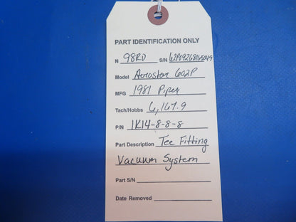 Piper Aerostar 602P Tee Fitting Vacuum System P/N 1K14-8-8-8 (0123-750)