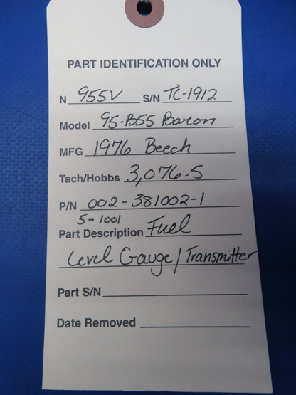 Beech 95-B55 Baron Fuel Level Gauge / Transmitter P/N 002-381002-1 (0523-1004)