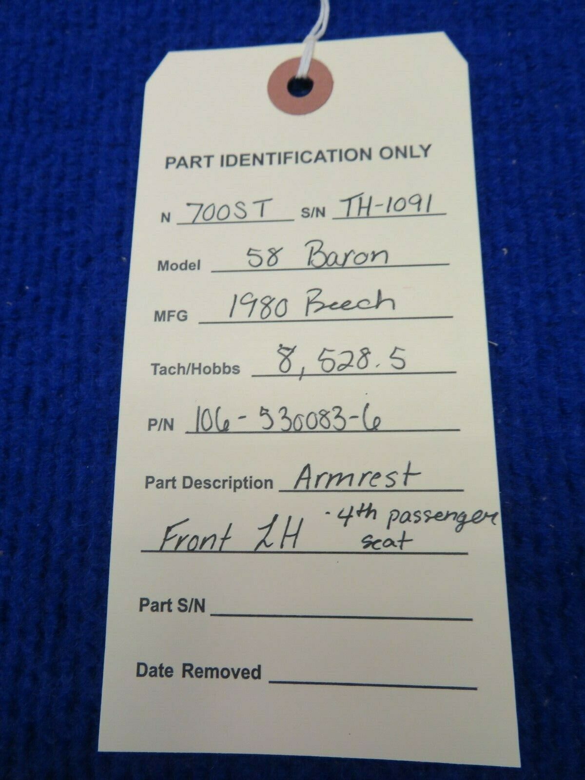 Beech 58 Baron Armrest Front LH 4th Passenger Seat P/N 106-530083-6 (0322-707)