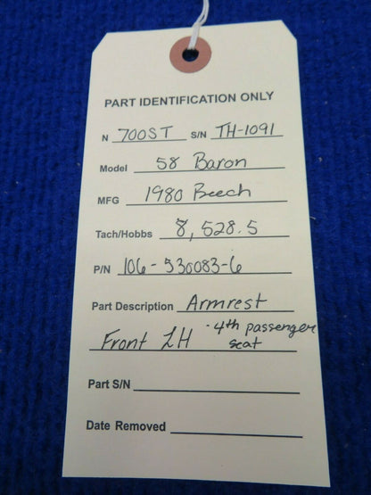 Beech 58 Baron Armrest Front LH 4th Passenger Seat P/N 106-530083-6 (0322-707)