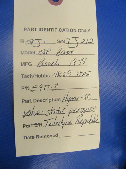 Beech Baron 58P Hyaar 80 Valve Alternate Static Pressure P/N 5-977-3 (0318-53)