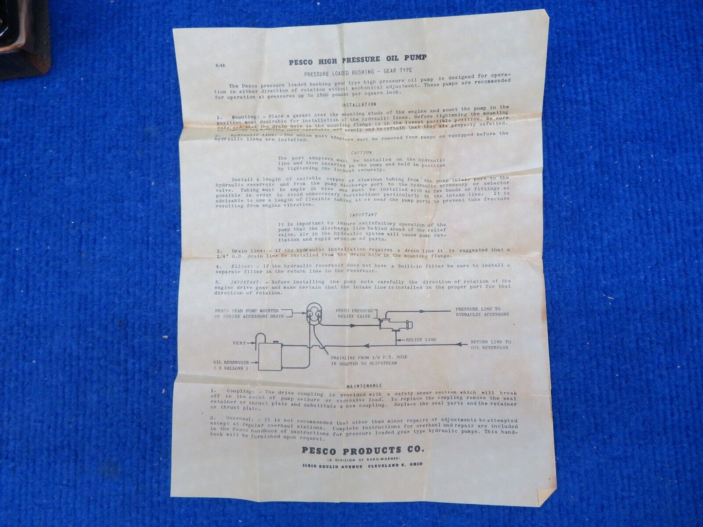 Pesco Hydraulic Pump Vintage P/N 1P-349-N NOS (0522-828)