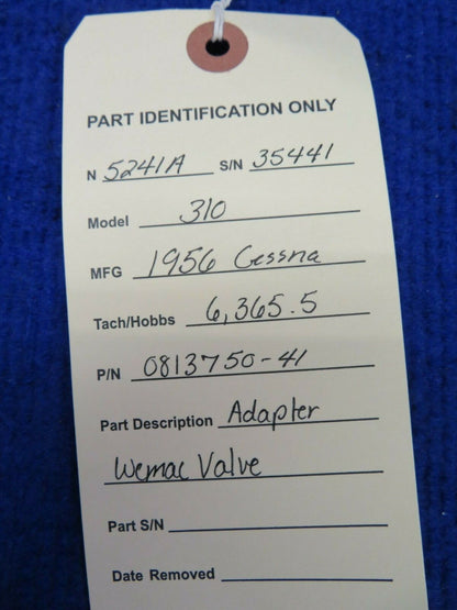 1956 Cessna 310 Adapter Wemac Valve P/N 0813750-41 (0522-322)