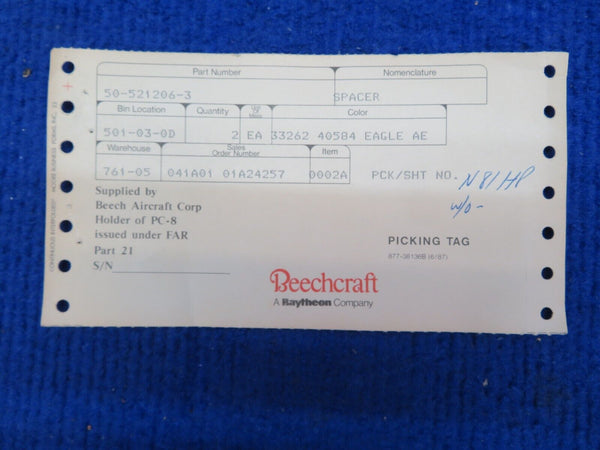 Beechcraft Flap Actuator Spacer P/N 50-521206-3 LOT OF 2 NOS (0622-708)