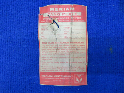 Meriam Stainless .504 Bore Orifice P/N Model 951 NOS (0622-942)