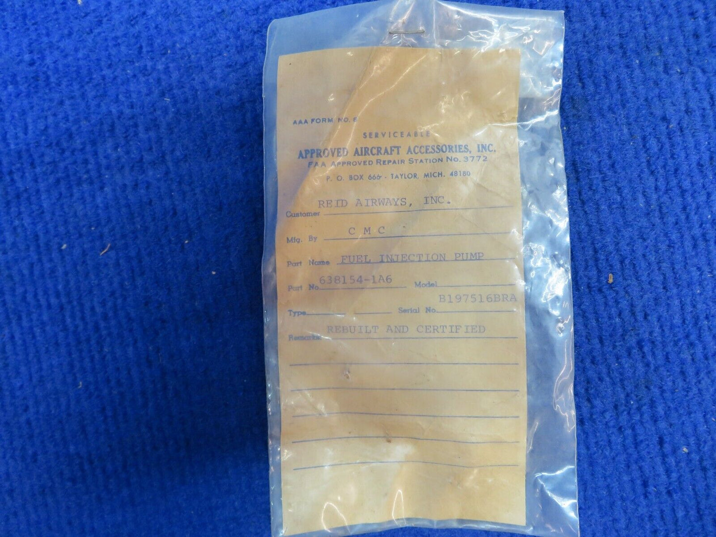 Continental Fuel Injection Pump Assy P/N 638154-1A6 CORE (0622-668)