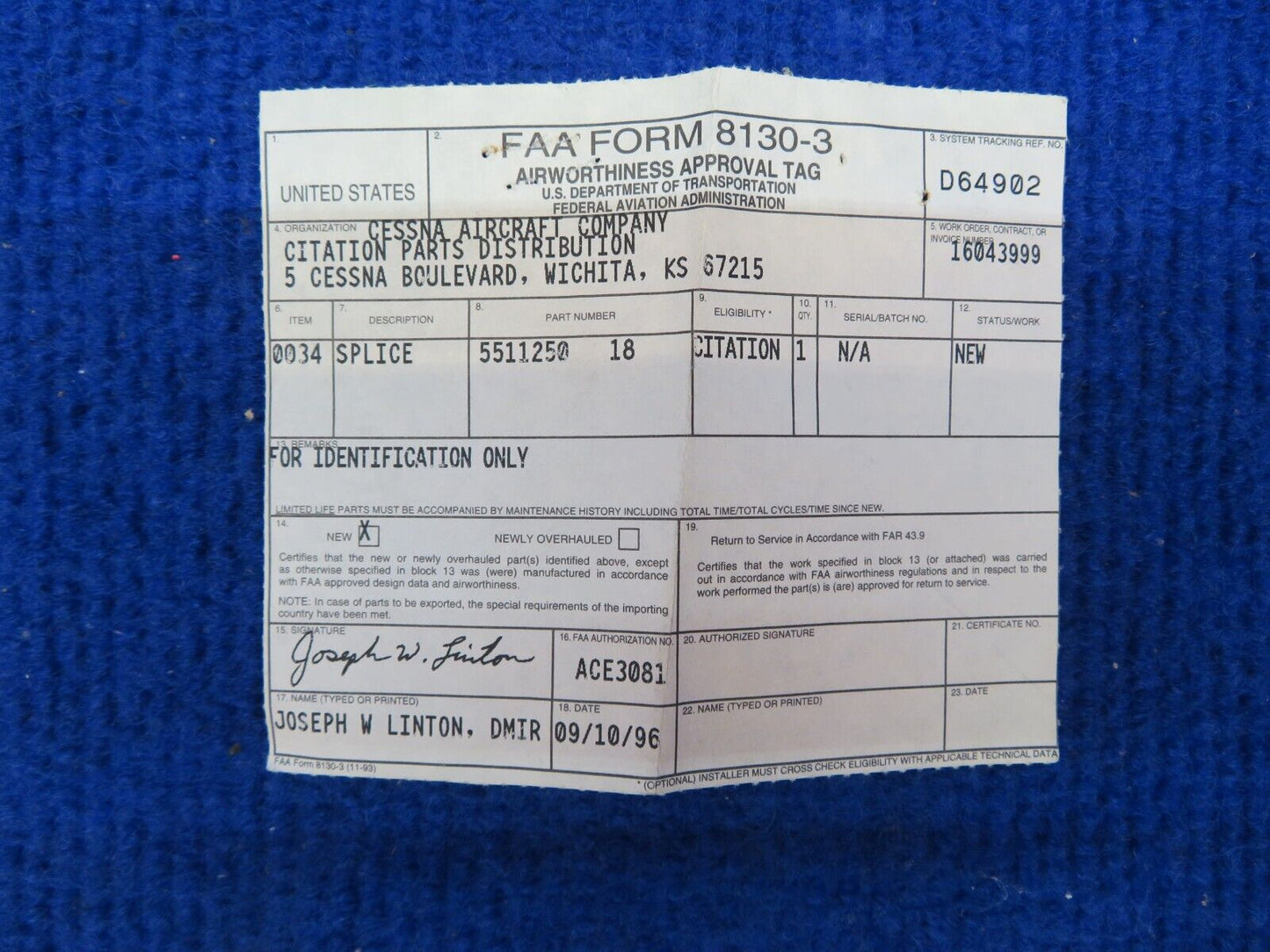 Cessna Splice w/ 8130 P/N 5511250-18 NOS (0622-709)