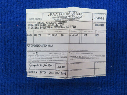 Cessna Splice w/ 8130 P/N 5511250-18 NOS (0622-709)