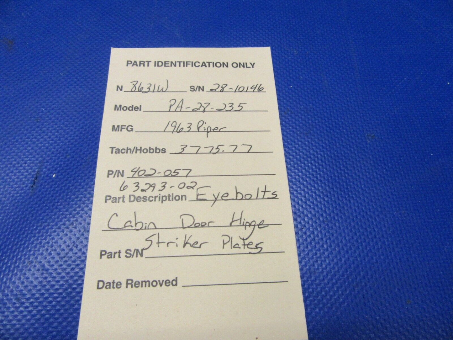 Piper PA-28-235 Eyebolts Cabin Door Hinge Striker Plates P/N 402-057 (0521-390)