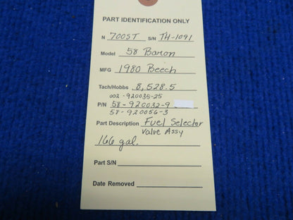 Beech 58 Baron Fuel Selector V166 Gal Panel P/N 002-920035-25 (0322-575)