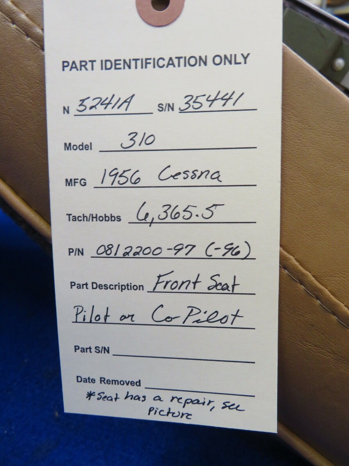 1956 Cessna 310 Front Seat Pilot Co-Pilot P/N 0812200-97 (0522-341)
