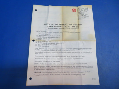 Facet Carburetor Float Kit P/N 666-916 NOS (0123-583)