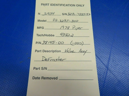 Piper PA-32RT-300 Lance II Valve Assy Defroster P/N 38145-00 (0520-574)
