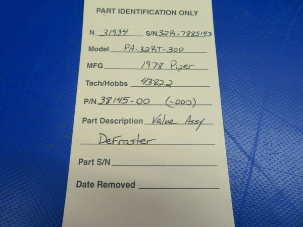 Piper PA-32RT-300 Lance II Valve Assy Defroster P/N 38145-00 (0520-574)