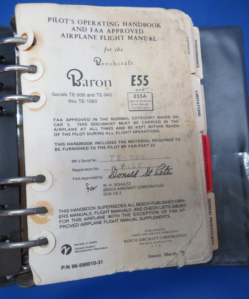 Beech Baron E55 & E55A Pilots Operating Handbook P/N 96-590010-31 (0723-625)