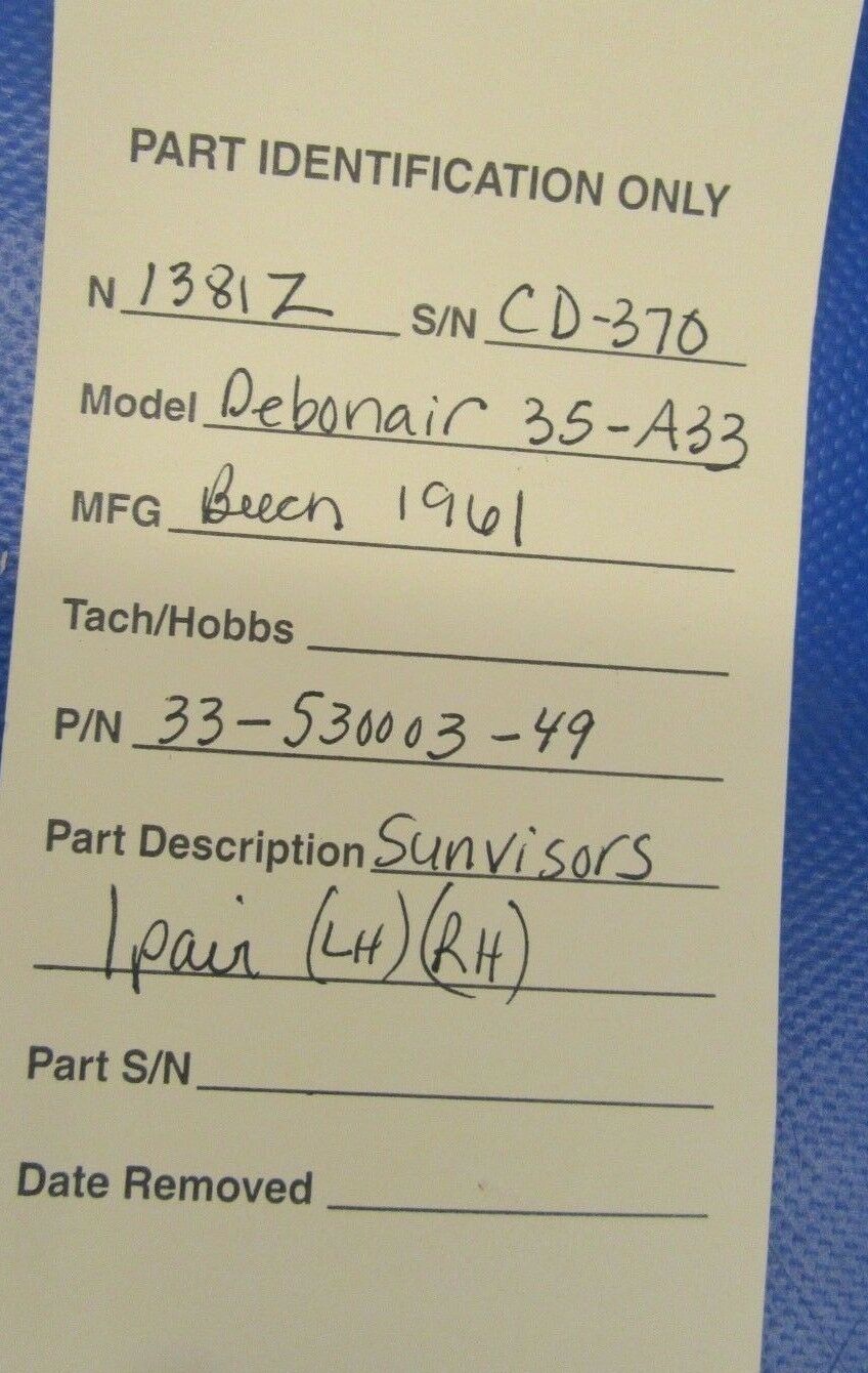 Beech Debonair 35-A33 Sun Visors LH & RH P/N 33-530003-49 (0119-07)