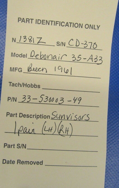 Beech Debonair 35-A33 Sun Visors LH & RH P/N 33-530003-49 (0119-07)