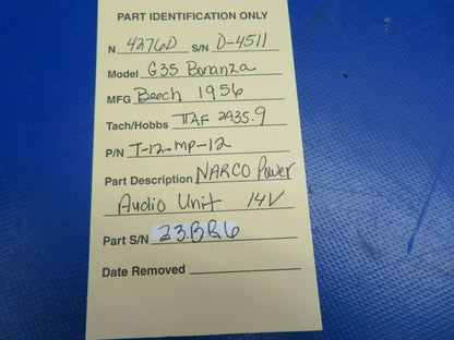 Beech G35 Bonanza Narco Power Audio Unit 14V P/N T-12-MP-12 (0620-378)