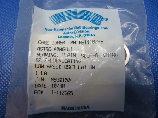 Citation King Air New Hampshire Ball Bearings Inc. P/N MS14102-6 NOS (0224-228)