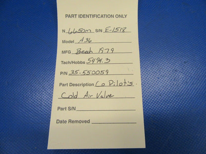 Beech Bonanza A36 Co-Pilot's Cold Air Valve / Cup P/N 35-550059 (0619-434)