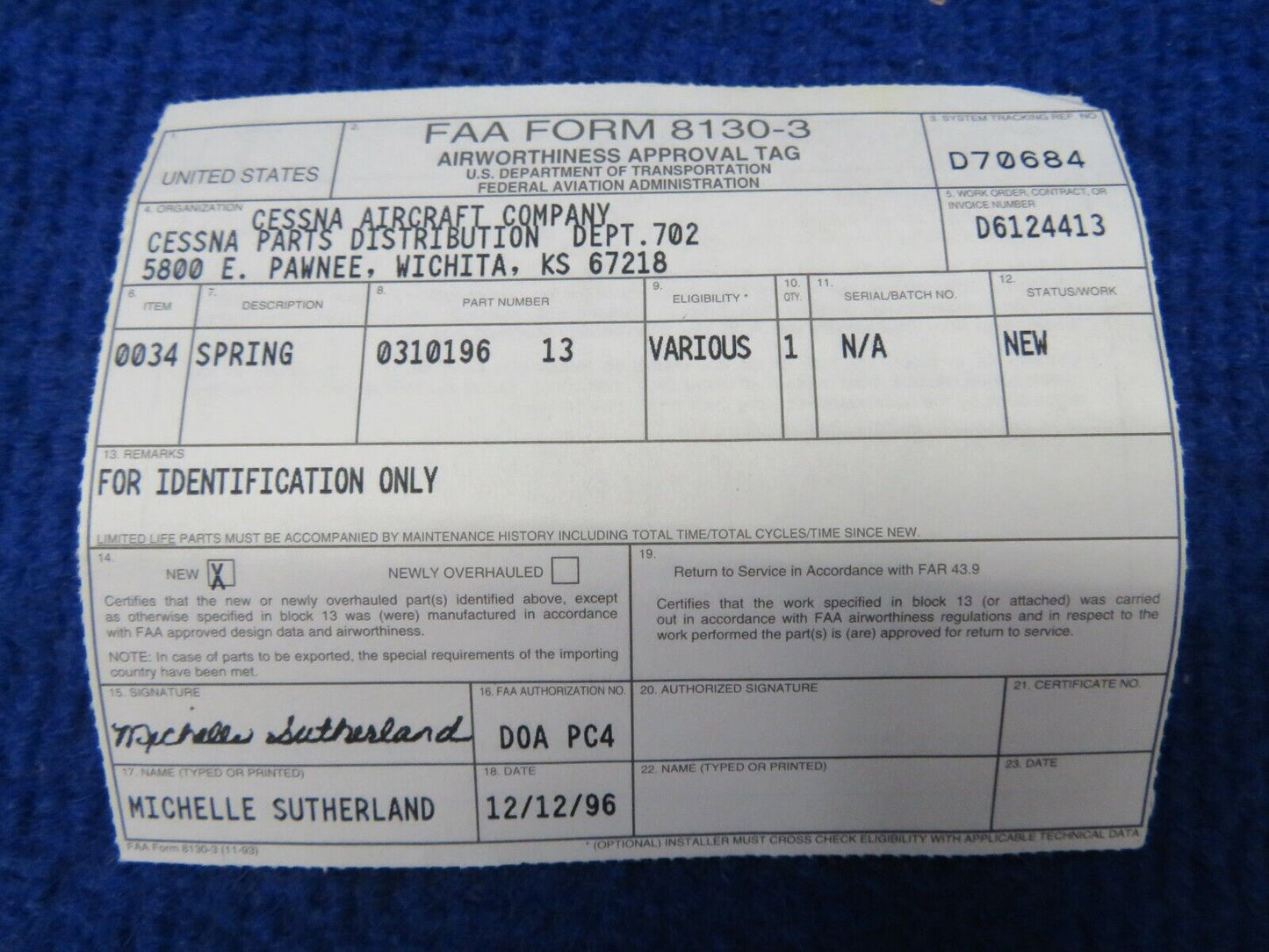 Cessna Spring P/N 0310196-13 LOT OF 5 NOS w/ 8130 (0522-69)