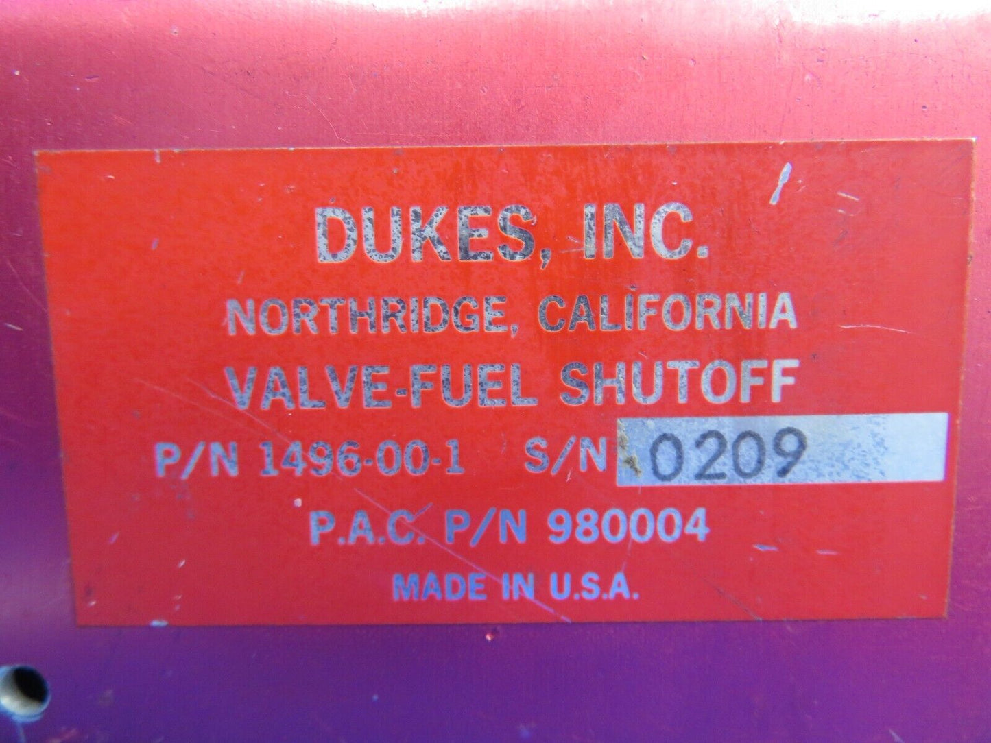 Piper Aerostar 602P Dukes Fuel Shutoff Valve P/N 1496-00-1 (0123-923)