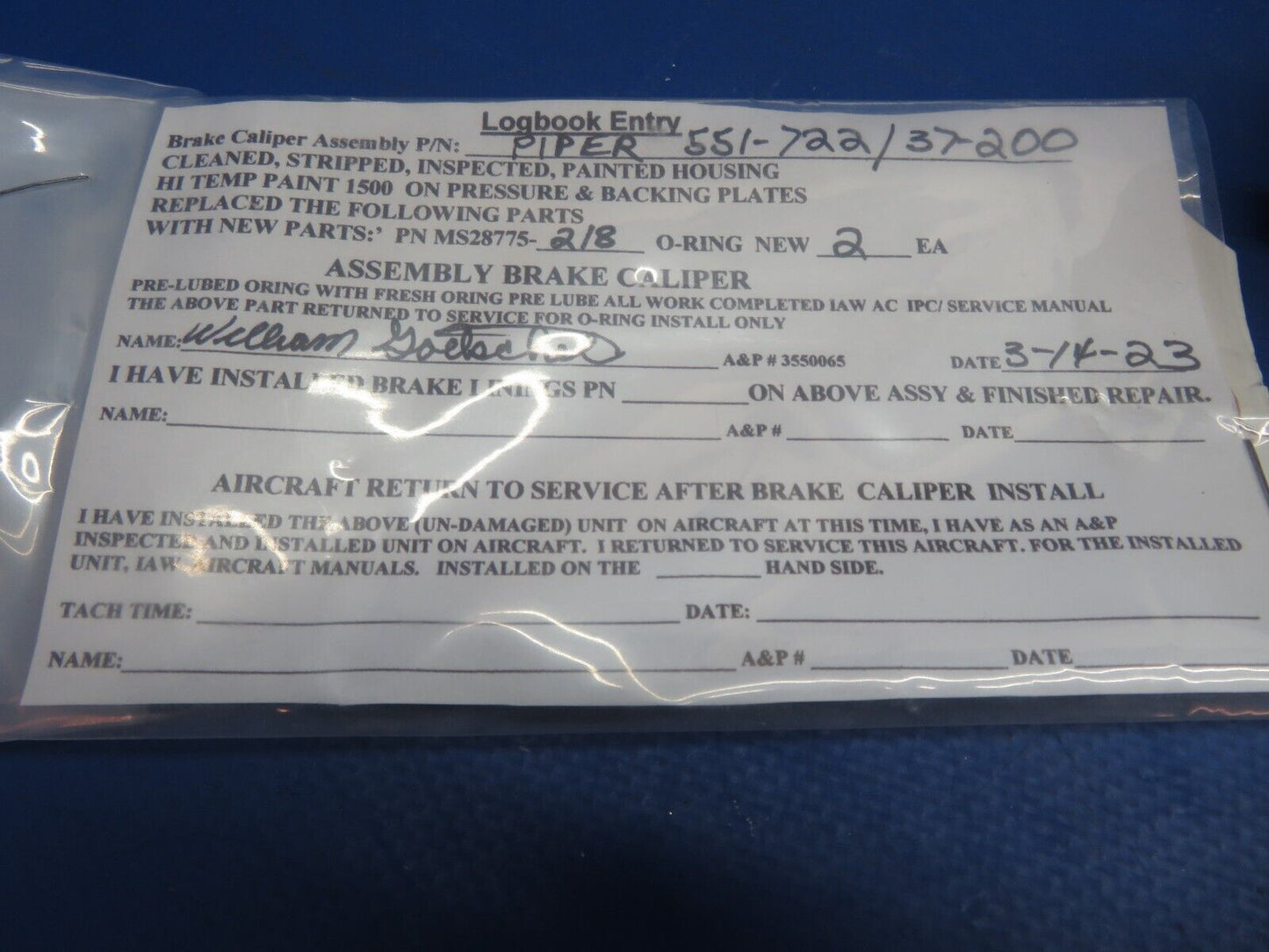 Piper Cleveland Brake Caliper Assembly P/N 37-200, 551-722 OH (0423-337)